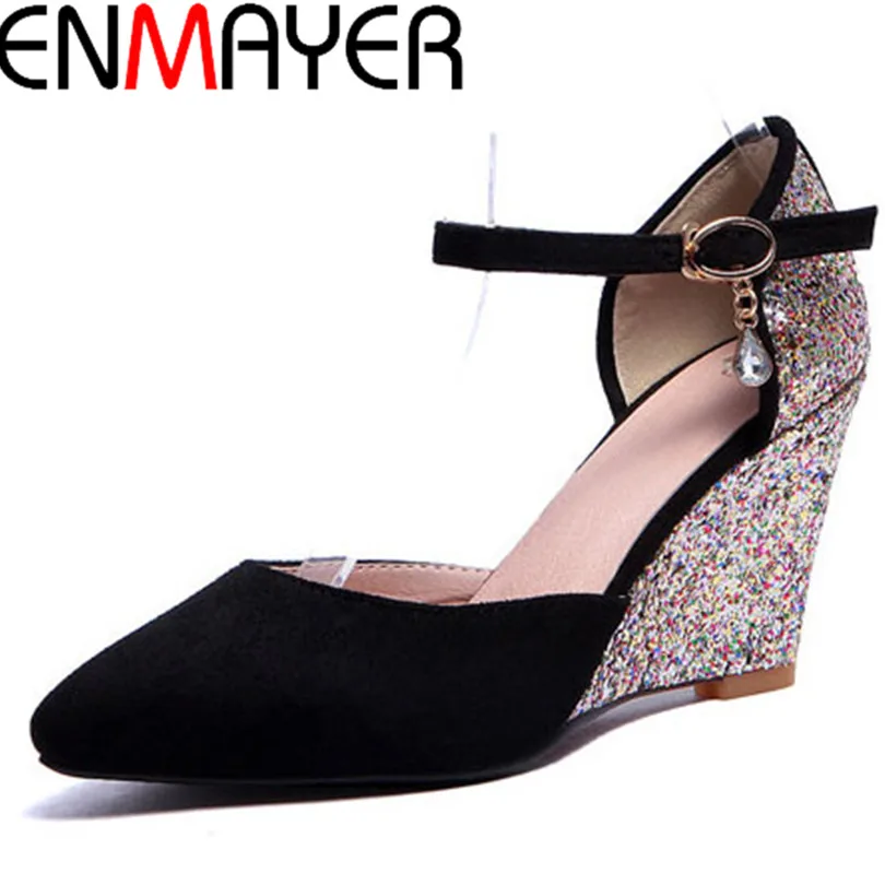 

ENMAYER Newest Gladiator Women Pumps Fashion Ankle Straps High Heels Wedge Shoes Womens Wedding Shoes Design Platform Pumps