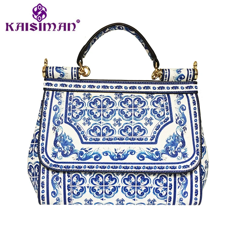 

Luxury Brand Famous Designer Blue and White Porcelain Bag Art Print Painted Tote Bags Women Handbag Genuine Leather Shoulder Bag