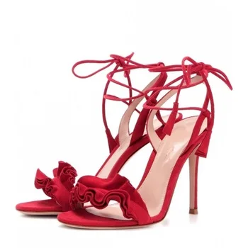 THEMOST Women 2017 New Flock High heels Sandals Big size 33-48 Summer Causal Lace Thin heels Lace up Narrow band Sexy Ladies