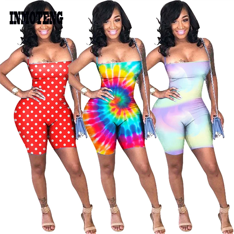 

INMOTENG Sexy Spaghetti Strap Lace Up Dot Tie Dyed Paisley Print Bodycon Knee Length Jumpsuit Women Beach Playsuit Romper Outfit