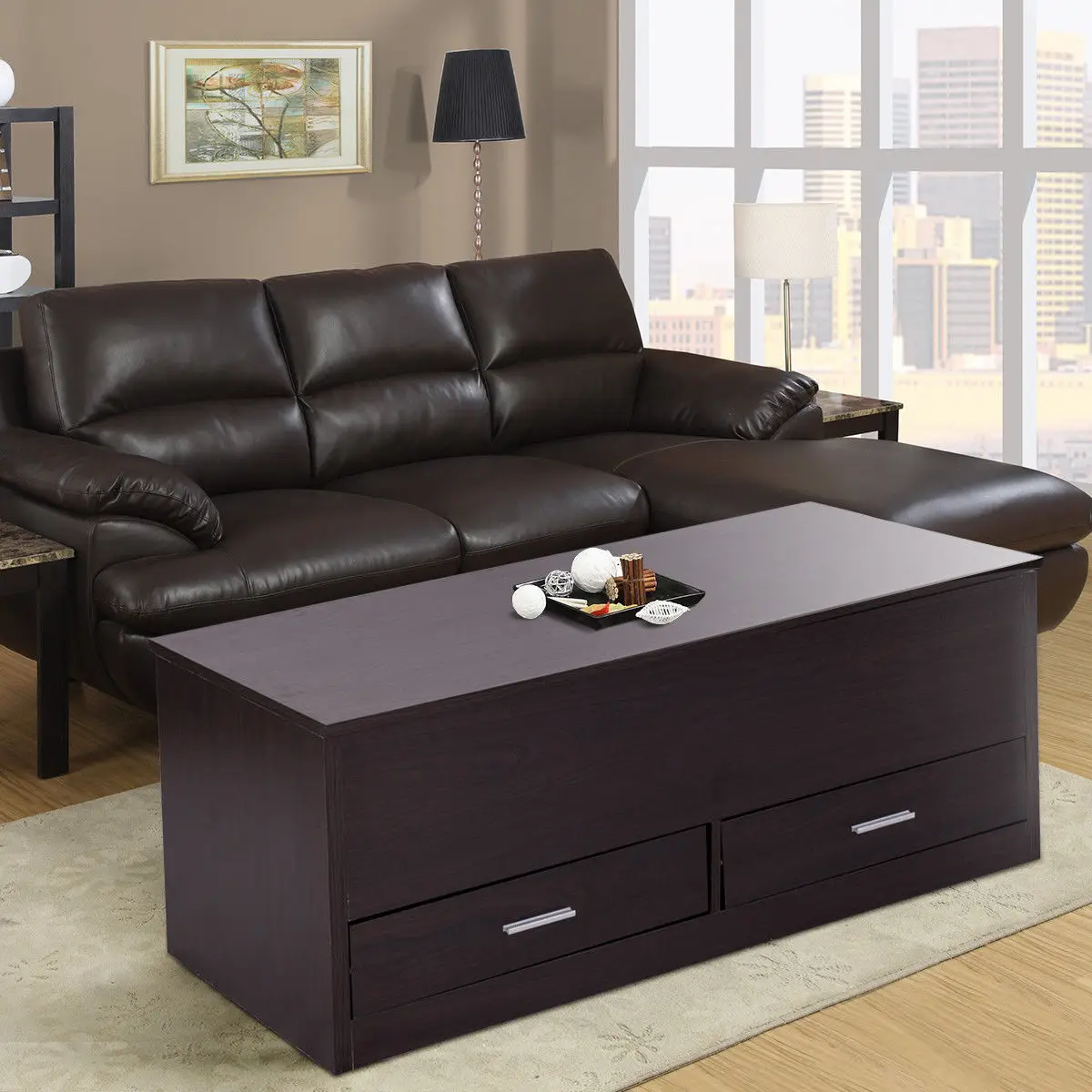 Giantex Slide Top Coffee Table with Hidden Compartment and 2 Drawers Modern Wood Living Room Furniture HW56637