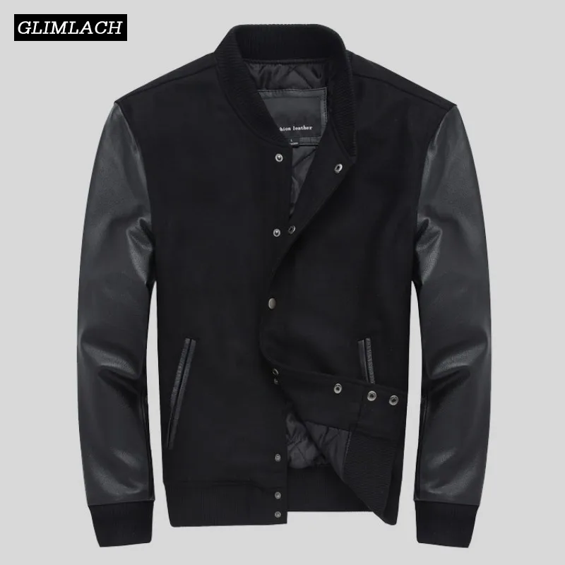 Autumn Winter Cow Genuine Leather Sleeve Spliced Wool Bomber Jacket Mens Casual Black Real Leather Aviator Jacket Streetwear