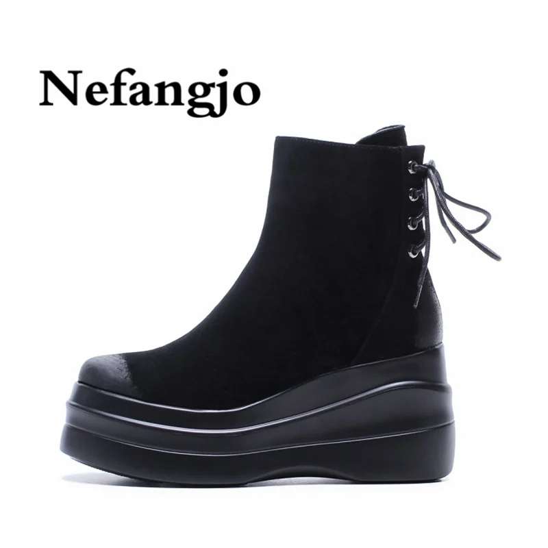 

Nefangjo new shoes women's cowhide frosted high heel women's muffins thick sole waterproof thermal fashion Martin women's boots