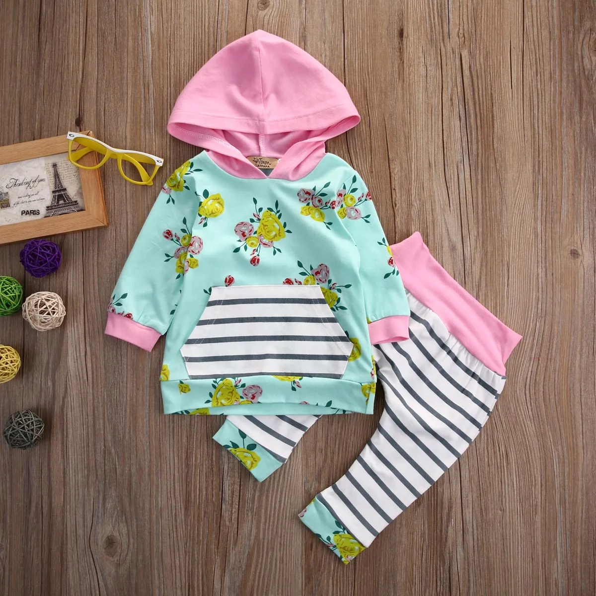 

2pcs suit !! Newborn Baby Girls Infant Hooded tops +striped long pant winter autumn Clothes Outfit 0-3Y