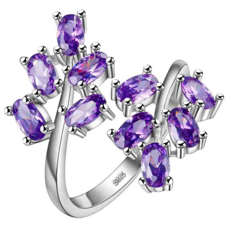 

All Compatible Leaf Ring Within Red Purple Pink Sterling 925 Open Cuff Fashion Ring for Women Party Wedding Prong Setting 2018