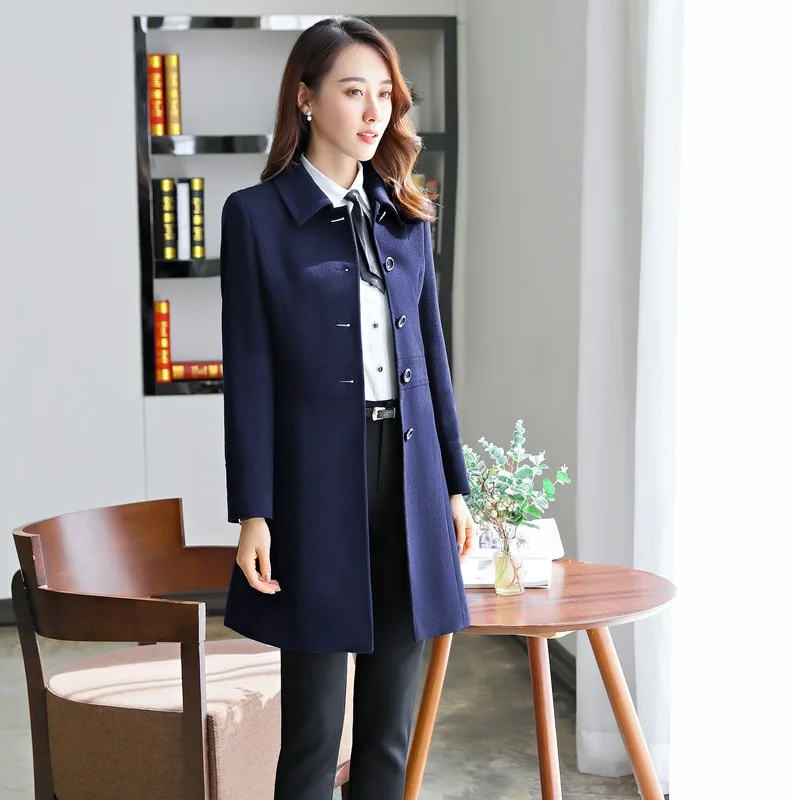 

New 2019 Fall Fashion Women Winter Coat Ladies Outerwear Clothes Long Female Overcoat Nave Blue