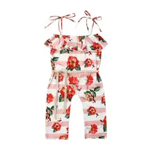 Детские комбинезоны с цветочным принтом; Летние повседневные Комбинезоны без рукавов с ремешками; цельнокроеная детская одежда для девочек