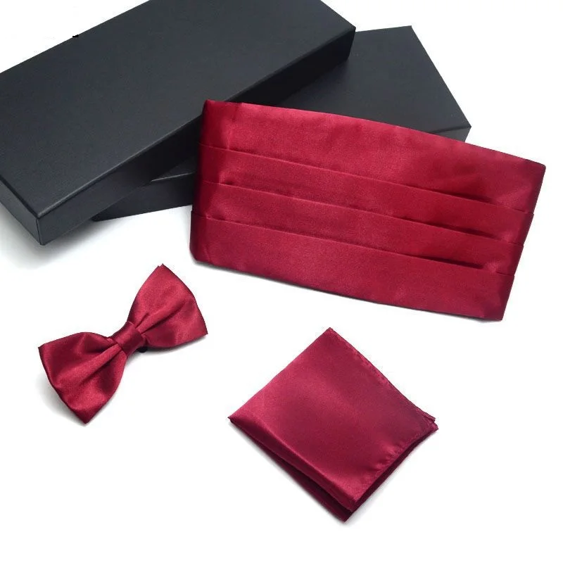 3 шт Для мужчин платье наборы с камербандом галстук-бабочка карман квадратный Свадебная вечеринка костюмный пояс торжественное пояса - Цвет: Red wine