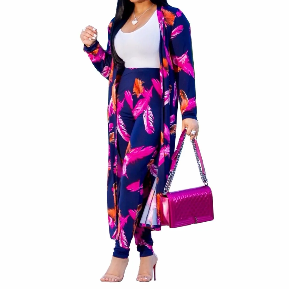 

Two Pieces Matching Set Sexy feather Printed 2 Pieces Set Women Clothes 2019 Long Cardigan Tops + Pants Tracksuits Casual