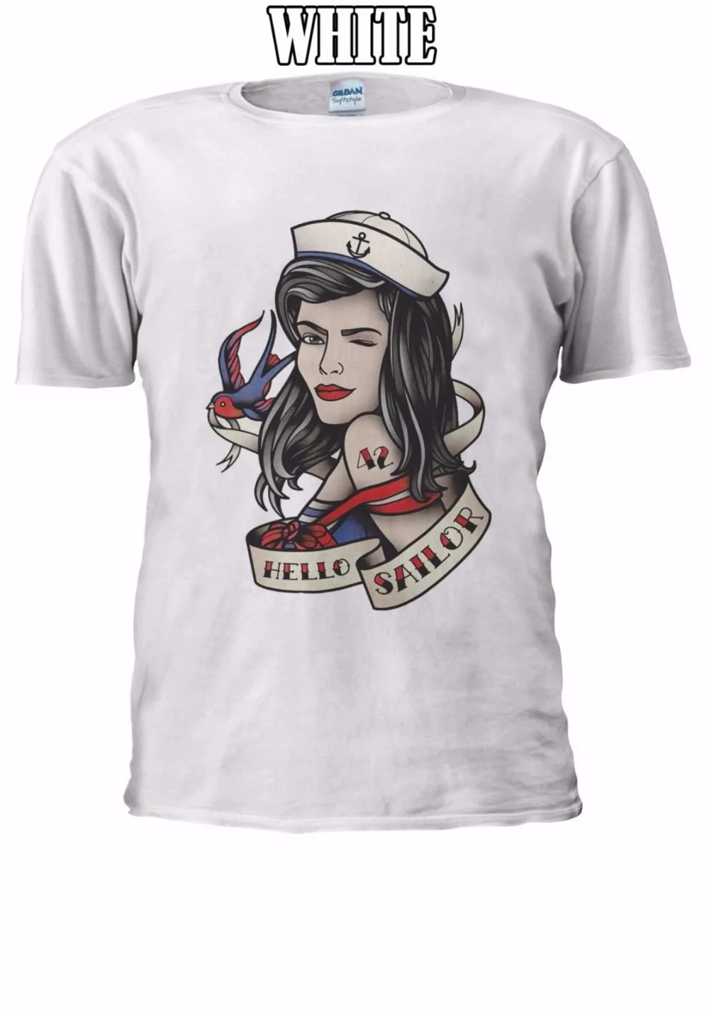 

2019 Fashion Round Neck Clothes Hello Sailor Pin Up Girl Vest Unisex free t shirts Great Discount Cotton Men Tee shirts