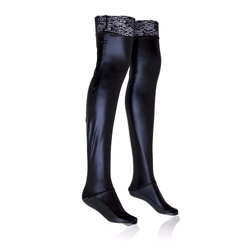 Fashion Womens Ladies Wet Look PU Leather Lace Top Stay-Up Thigh High Stockings