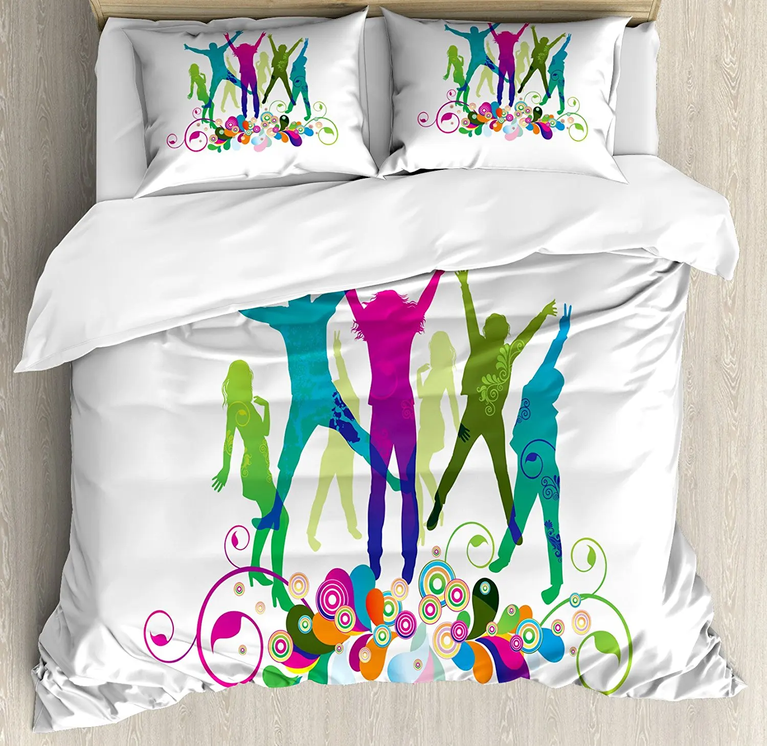 

Youth Duvet Cover Set Dancing Teenagers People Dancing and Jumping Vibrant Silhouettes Floral Border Detail Bedding Set