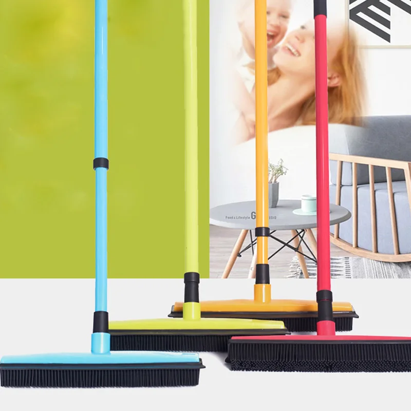 

Pet Cat Dog Hair Carpet Hardwood Windows Clean Long Push Rubber Broom Bristles Sweeper Squeegee Scratch Free Bristle Broom