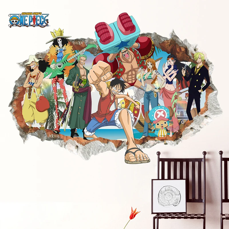 One Piece Luffy Smashed Wall Stickers Japanese Anime Comic 3DVIEW Window for Kids Nursery Room Decoration Mural Pvc Decal