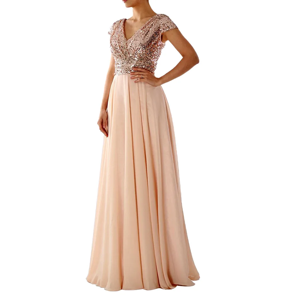 

feitong 2019 Women Summer Party Dress Fashion Short Sleeve Deep V-neck Sequins Patchwork Elegant Dress Woman Party Night Vestido
