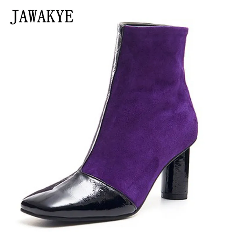 

2018 Purple Real Leather Ankle Boots Woman Square Toe Mixed Color Patchwork High Heel Boots Women Fashion Short Boots
