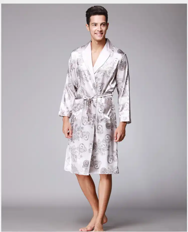 Herren Kunstseide Schlafanzüge Kimono Bademantel Langärmlig Nachtwäsche