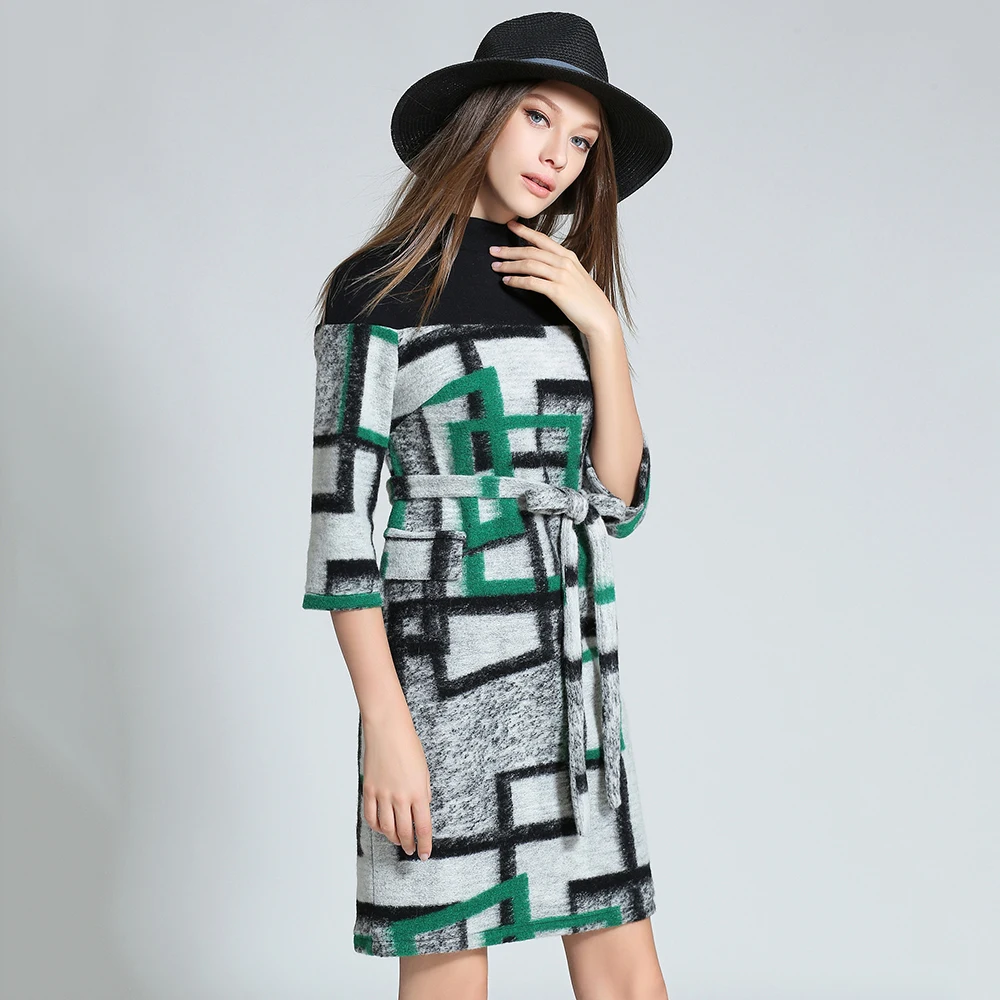 Women Autumn Wool Mini Dress 2018 Turtleneck Patchwork Dresses Female Plaid Pattern Vestidos Mujer Knitted Robe