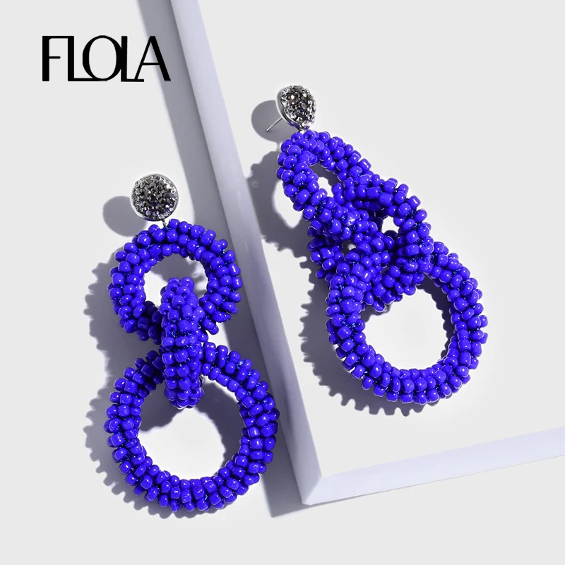 Женские серьги кольца с голубыми кристаллами FLOLA ручной работы большими бусинами