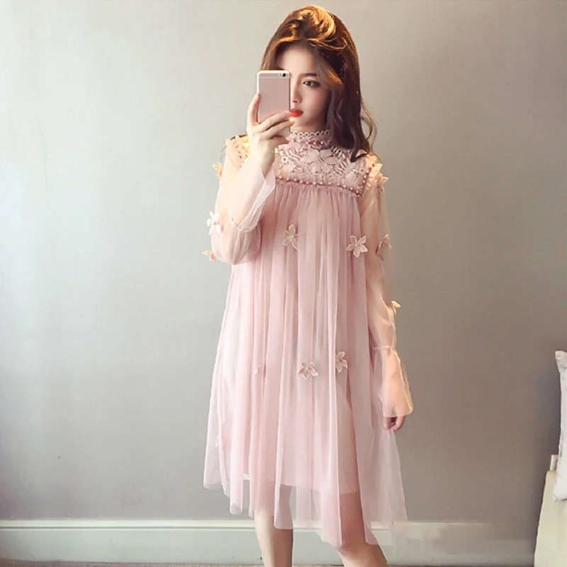 

Women Embroidered Flower Dress Perspective Chiffon Mesh Dress Loose Two-piece Set