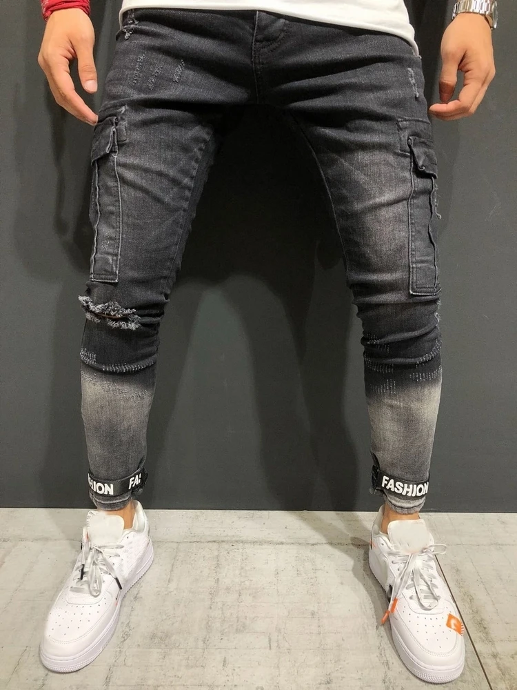 Moomphya Distressed ripped с дырками, зауженные джинсы мужские боковые накладные карманы мужские джинсы Уличная Хип-хоп Черные Ремни байкерские джинсы