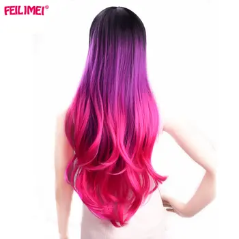 Feilimei Ombre Wigs Synthetic Heat Resistant Hair Extensions Pink Red Gray Purple Long Wavy Females Cosplay Wigs for Women 1