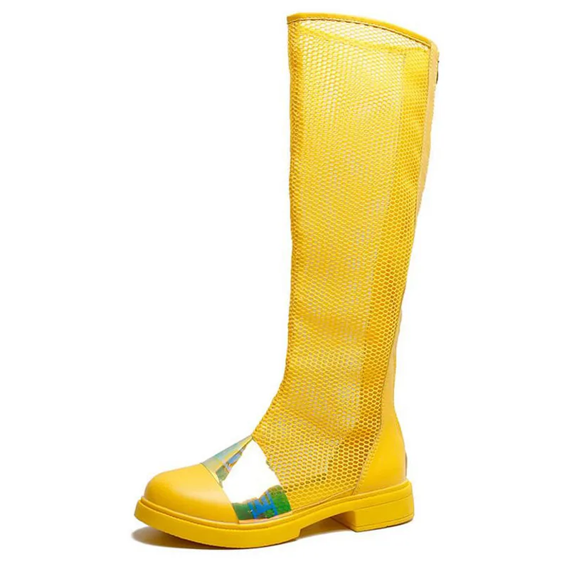 

New Knee-High Boots Women's Sandals Shoes Sequins Hollow Out Summer Low Heel Motorcycle Boots For Women Breathable Hole Shoes