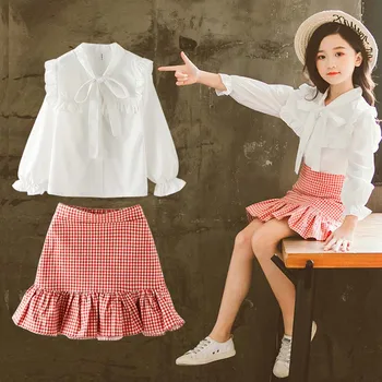 

New 2019 Cute Toddler Kids Girls White Bow T-shirts Solid Ruffle Tops Plaid Skirts Clothes Outfit Set 4-12 Years