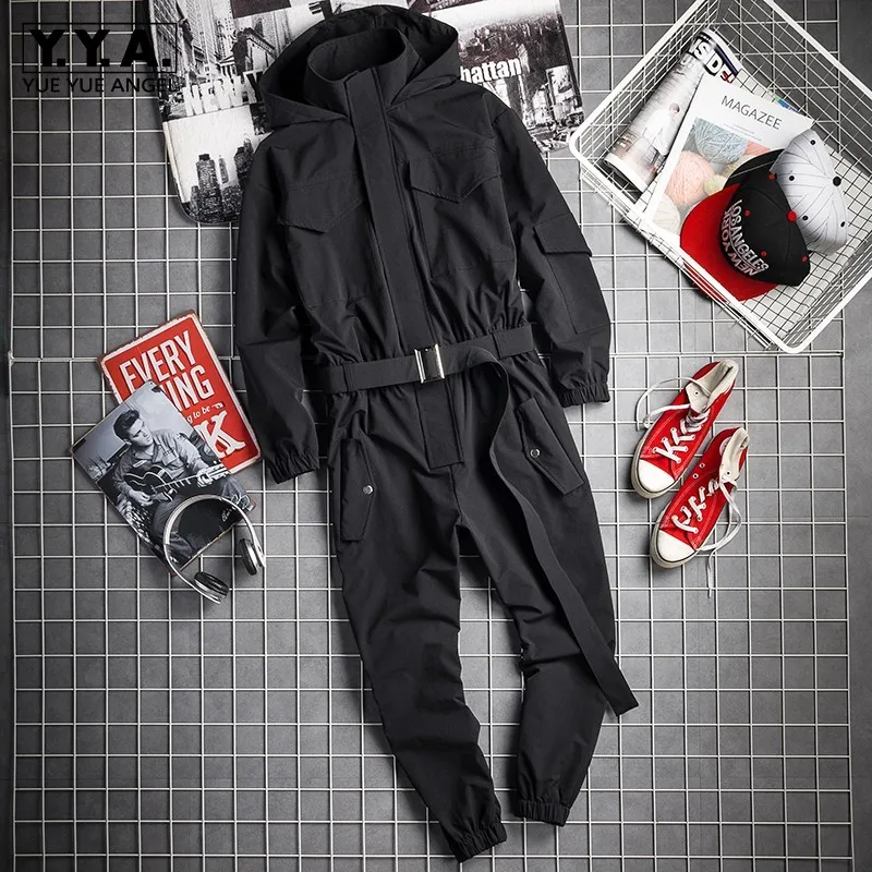 

2019 New Mens Hip Hop Cargo Jumpsuit Fashion Black Sashes Joggers Overalls Multi Pockets Work Rompers Streetwear Korean Clothes