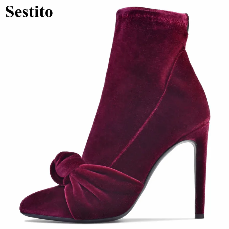 

New Elegant Red Wine Flock Butterfly-knot Boots Pointed Toe Super High Heel Ankle Boots For Women Slip-on Thin Heels Women Shoes