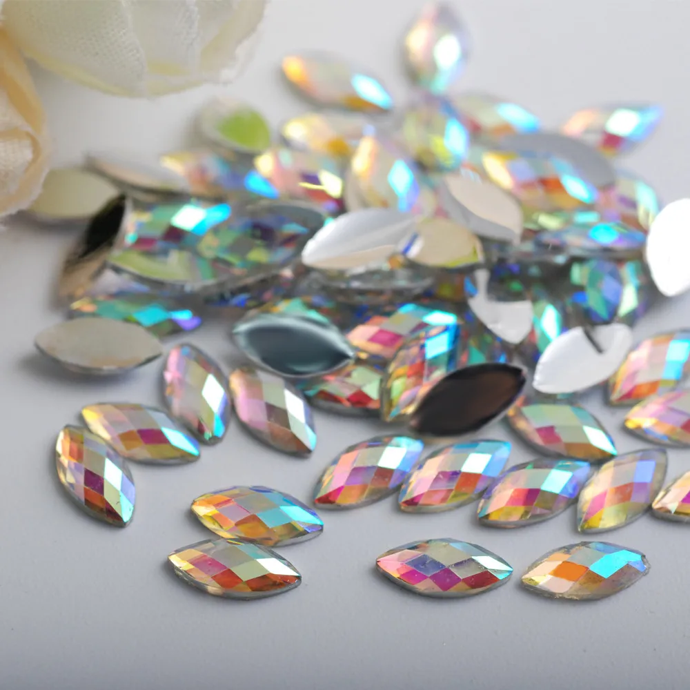Hot-Sale-100Pieces-Flat-Back-Marquise-Earth-Facets-Clear-Crystal-AB-Acrylic-Horse-eye-Shape-Rhinestone