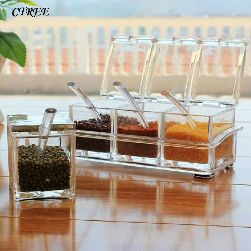 

CTREE 1Set Transparent Plastic Seasoning Boxes 4 Grid Spoon Combination Crystal Seasoning Jar Seasoning New Kitchen Utensil C528