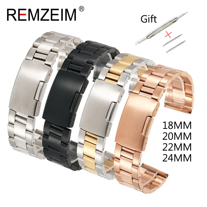 

New Men Women Rose Gold Silver Black Watch Band 18mm 20mm 22mm 24mm Stainless Steel WatchBand Strap Straight End Bracelet