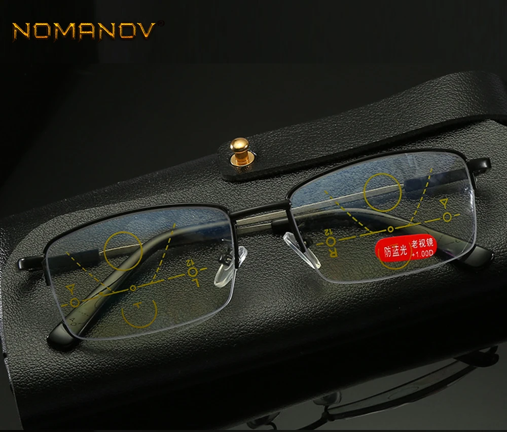 Прогрессивные многофокусные очки для чтения полуободок памяти ноги титановые очки с оправой из сплава рамка для дальнозоркости и дальнего верха 0 добавить+ 0.75To+ 4 - Цвет оправы: Черный