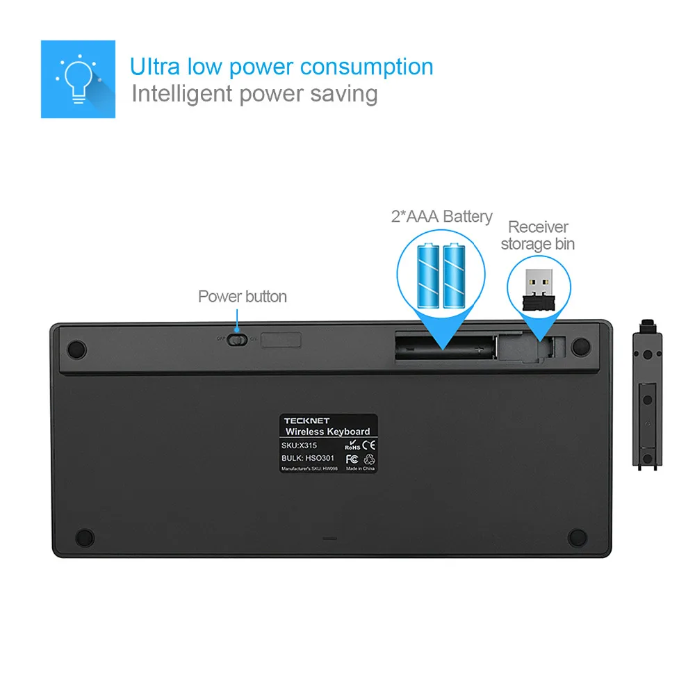 TeckNet Wireless Keyboard Computer Keyboards Slim USB Laptop Single Key board for Mini TV Android Windows 10 8 7 XP