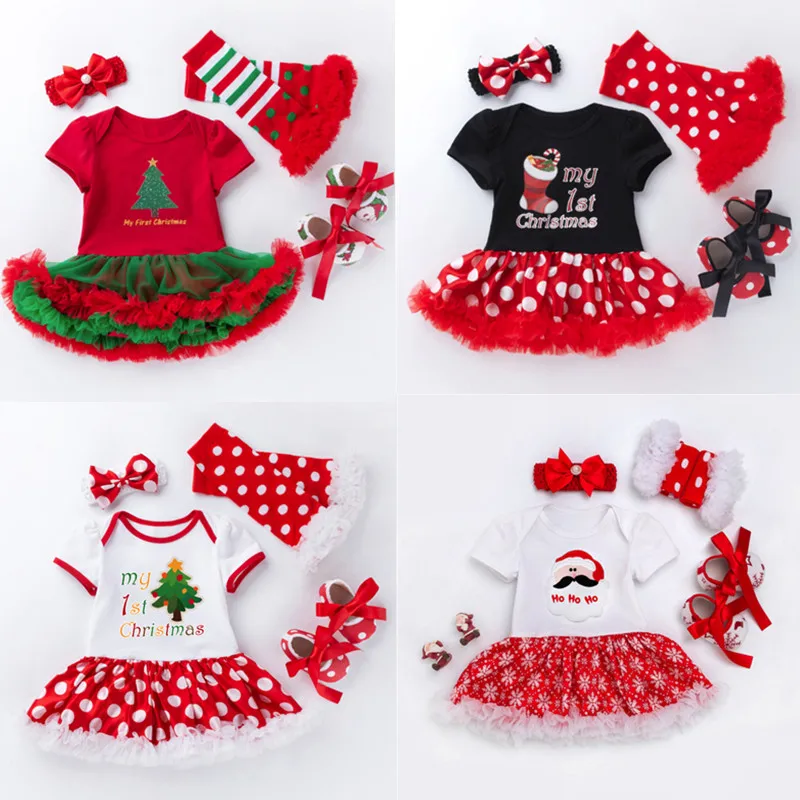 4PCS/Set Newborn Baby Girl Christmas Clothes Set Infant Children Lace