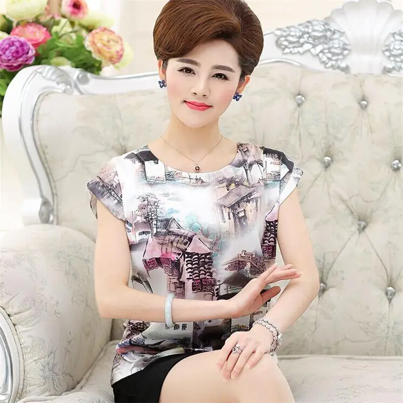 

Woman Summer Plus Size Print Short Batwing Sleeve O Neck 15% Silk Shirts Female Spring Hedging Fold Loose Chiffon Blouse