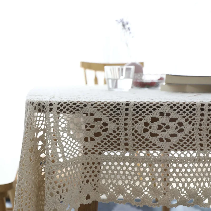 Pastoral Crochet Tablecloth Lace Hollow Out Cotton Table Cover Piano Towel Vintage DIY Dining Table Cloth for Kitchen Home Decor