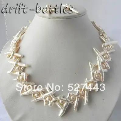 

Hot sell Noble- Wholesale Amazing 20mmx35mm White Baroque Freshwater Pearl Silver Earring Necklace Set (A0423)