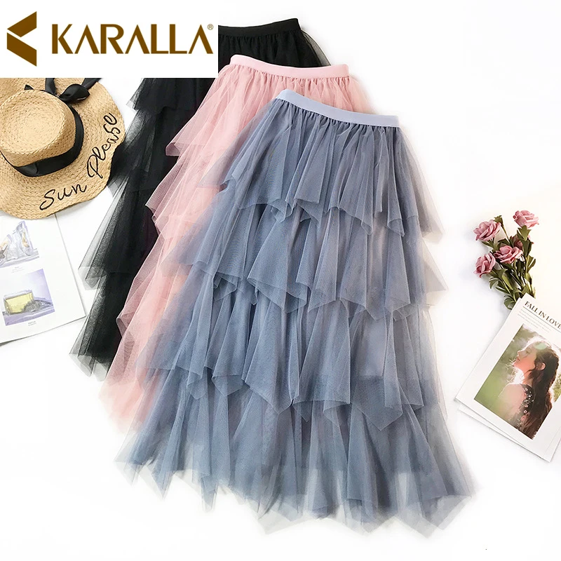 Заводская распродажа, сетчатая юбка, многослойная Асимметричная Женская юбка, весенне-летняя модная женская Однотонная юбка с оборками C1455