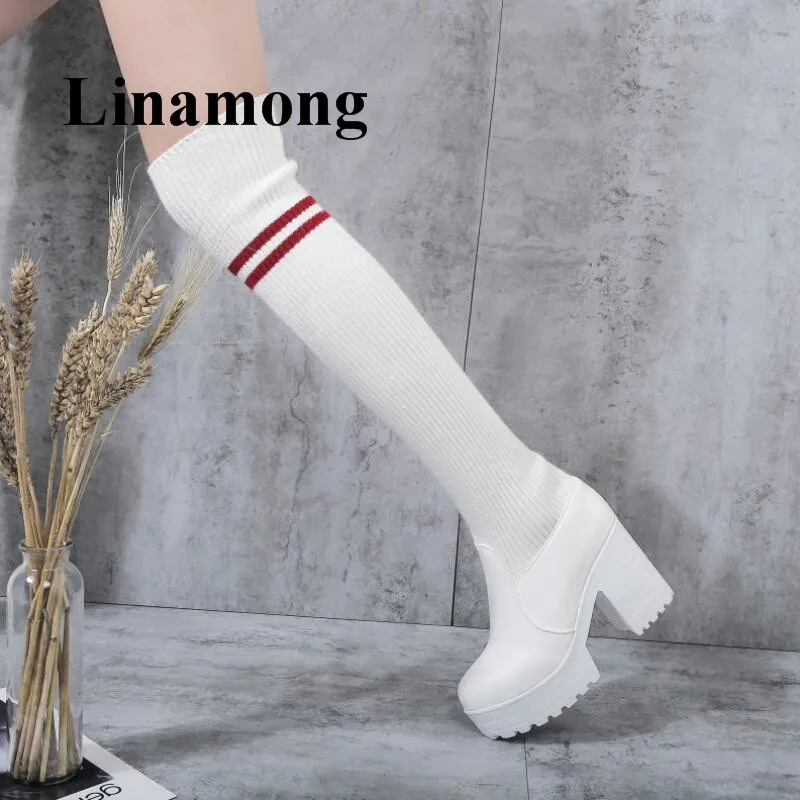 2018 Newest INS Hot Sale Fashion Platform Round Toe Square Heel Over-The-Knee Striped Knitting Stretch Boots Autumn Women Boots 2018 Newest INS Hot Sale Fashion Platform Round Toe Square Heel Over-The-Knee Striped Knitting Stretch Boots Autumn Women Boots