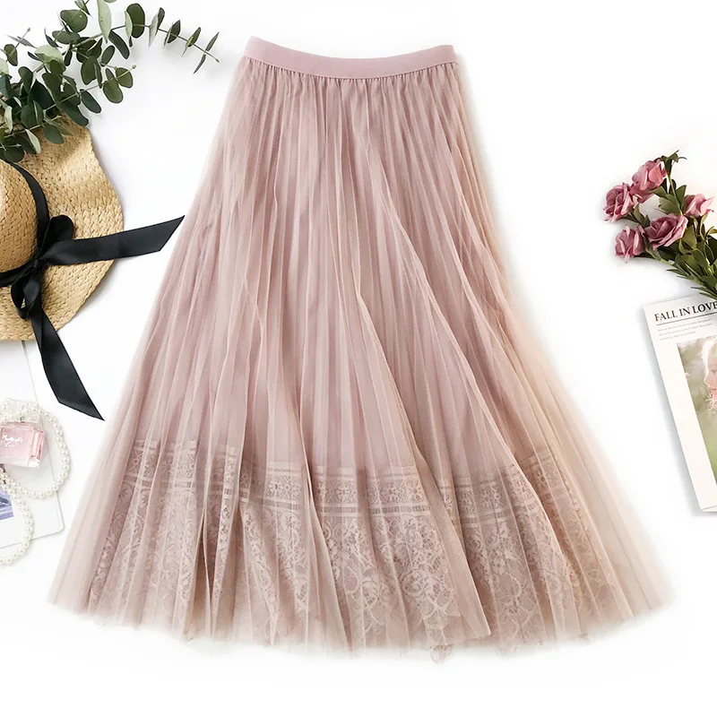 

Street Wear Midi Pleated Skirt Women Gothic High Waist Tulle Long Skirt Dames 2019 Female A-Line Lace Mid-Calf