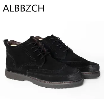 

Autumn winter nubuck leather mens ankle boots black brown gray khaki round toe lace up comfortable work boots shoes men size 44
