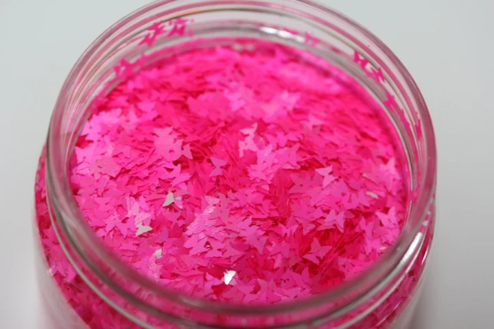 

3MM size Neon Pink Butterfly shapes Glitter for Nail Tips Decoratio 3D Tips DIY Phone Decorate Candle Making Material