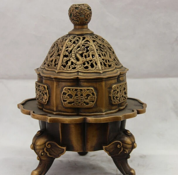 

S1177 Chinese Palace Bronze Copper Dragon Bat Fu Elephant Feet Incense Burner Censer D0318