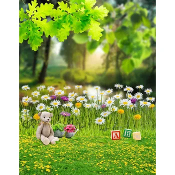 

TR green spring daisy meadow photo studio backdrops art fabric grass background for indoor newborn baby kid sunshine backgrounds