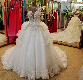 شراءخمر الكرة بثوب الحبيب فستان الزفاف 2019 بلورات الثقيلة حبة الدانتيل الأميرة الفاخرة فساتين زفاف Vestido دي Noiva IZ215