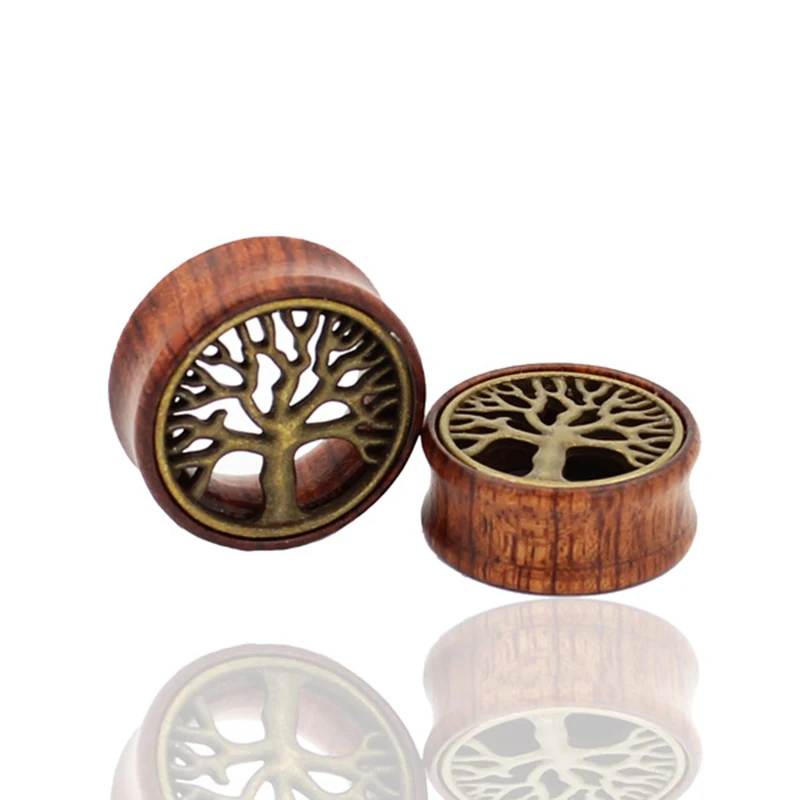 Omeng 2017 New 2pcs Tree Of Life Hollow Red Wood Ear Gauges Piercing