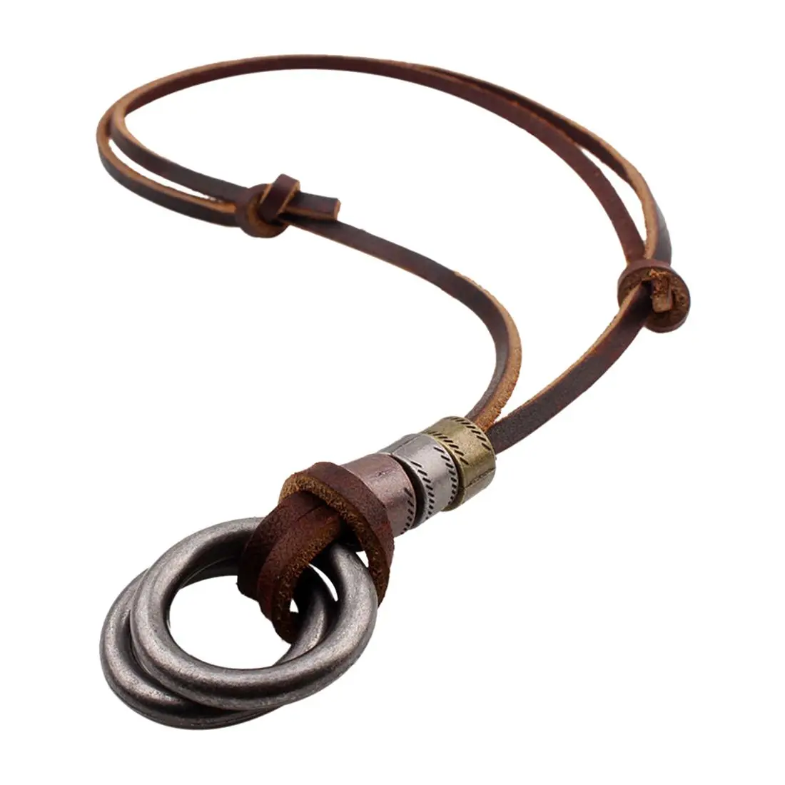 font b Fashion b font Men Retro Leather Cord Necklace Double Circle Pendant font b