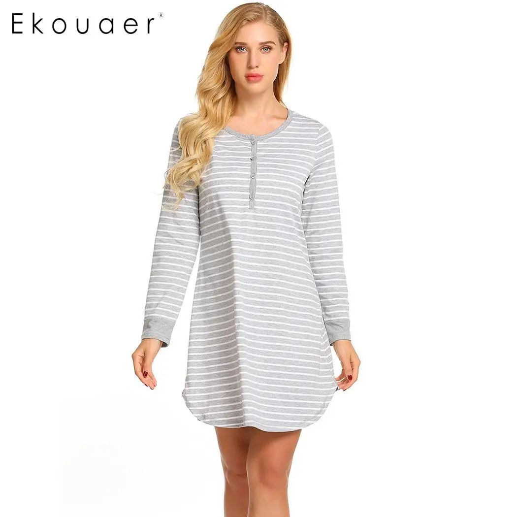 Ekouaer Полосатое ночное белье Ночное платье для женщин с круглым вырезом и